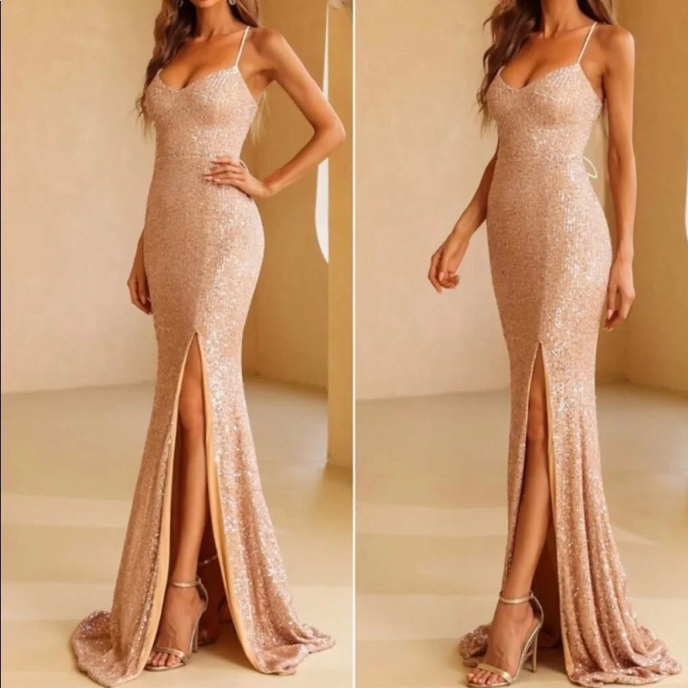 Luxe sequins slit thigh formal party evening wedding prom Laceup dress CHAMPAGNE - Picture 2 of 6